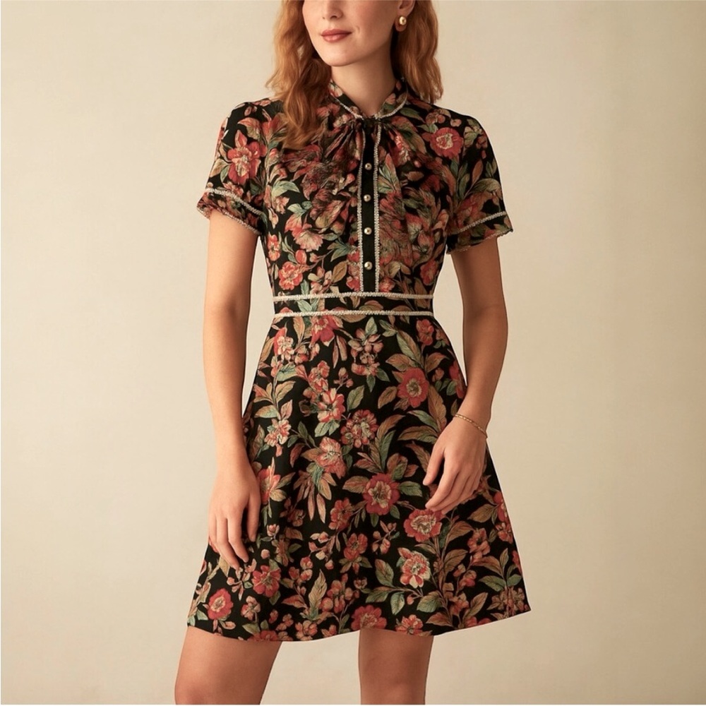 Dalia MacPhee short sleeve tie neck Floral mini Dress with lace trim S